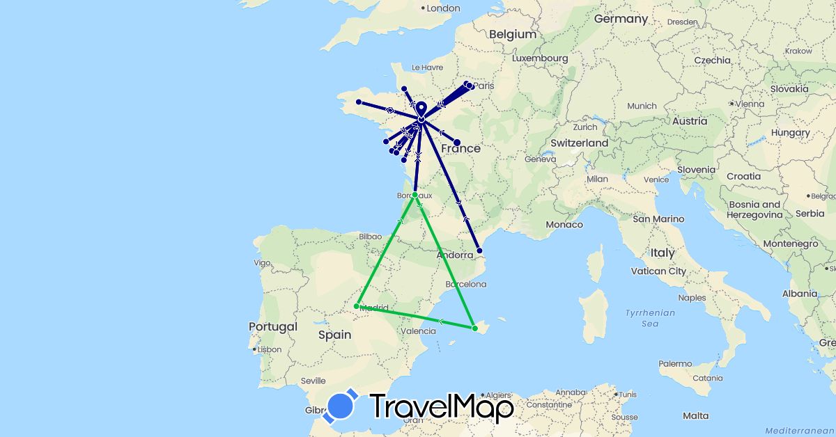 TravelMap itinerary: driving, bus in Spain, France (Europe)